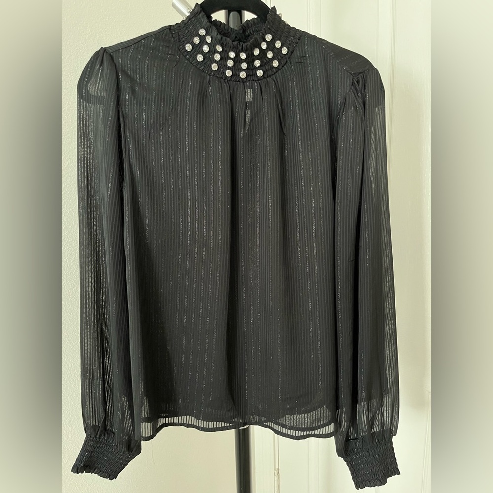 -SOLD- Aqua Metallic Black Jeweled Turtle Neck Longsleeve